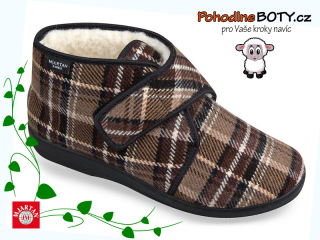 Pánské kotníkové papuče na suchý zip hnědé káro 816